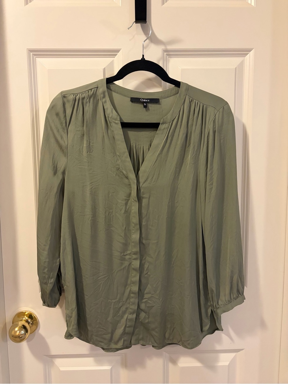 Quince Sage Green V-Neck Washable Silk Blouse